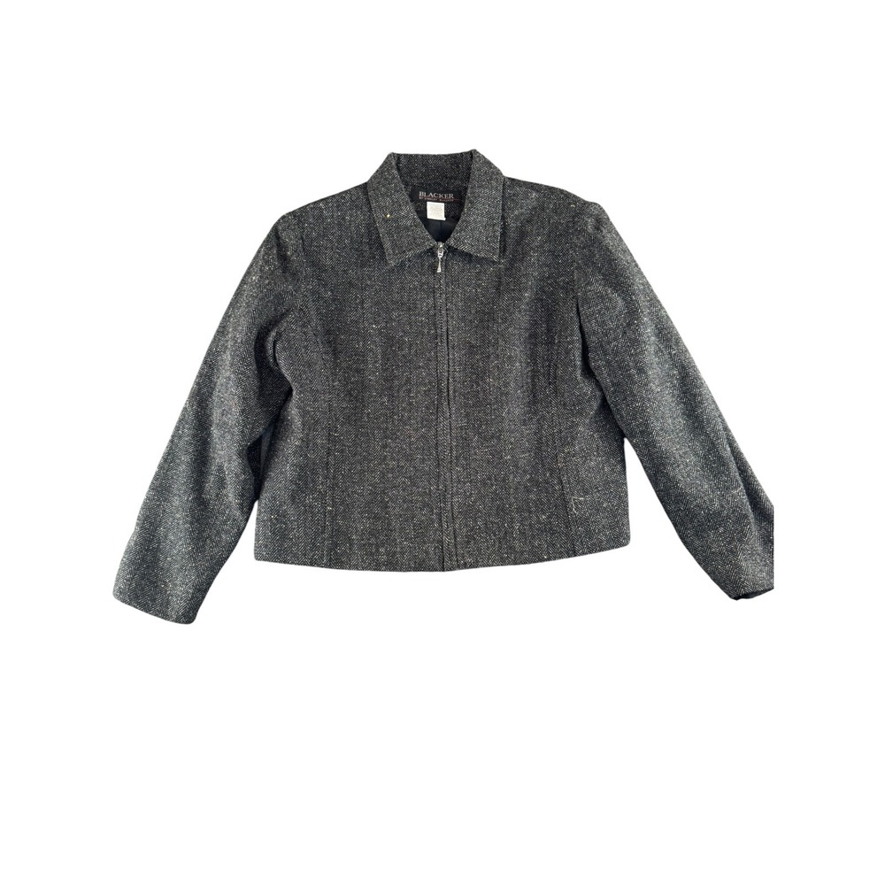 Blacker by Stanley Blacker Gray Herringbone Wool Blend Zip Jacket Womens 16